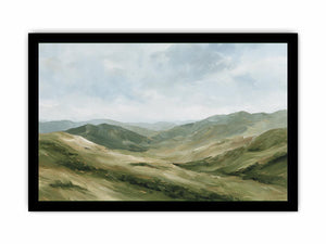 Green mountain landscape canvas art for calm modern living room decor.