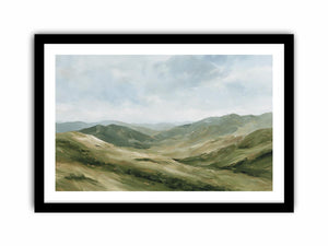 Green mountain landscape canvas art for calm modern living room decor.
