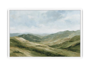 Green mountain landscape canvas art for calm modern living room decor.