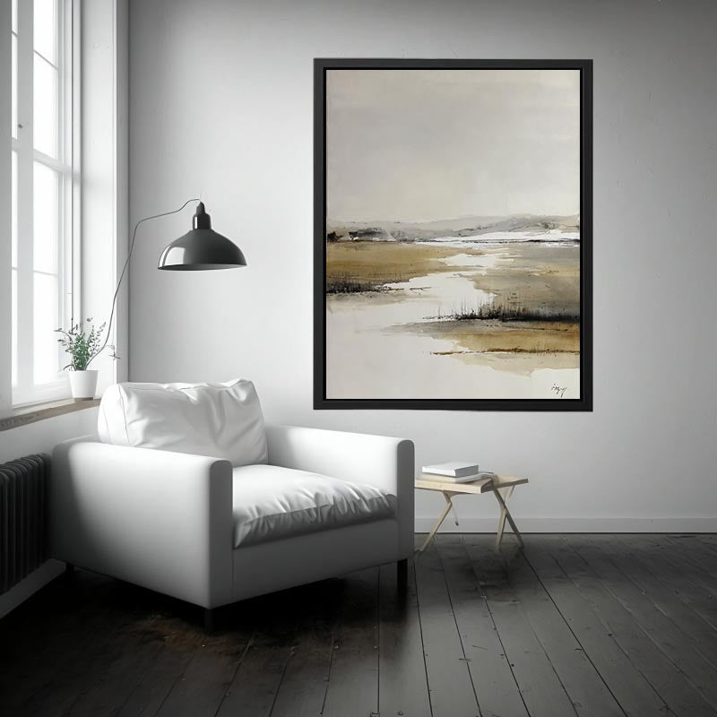 Neutral marsh landscape canvas art for calm minimalist bedroom decor.
