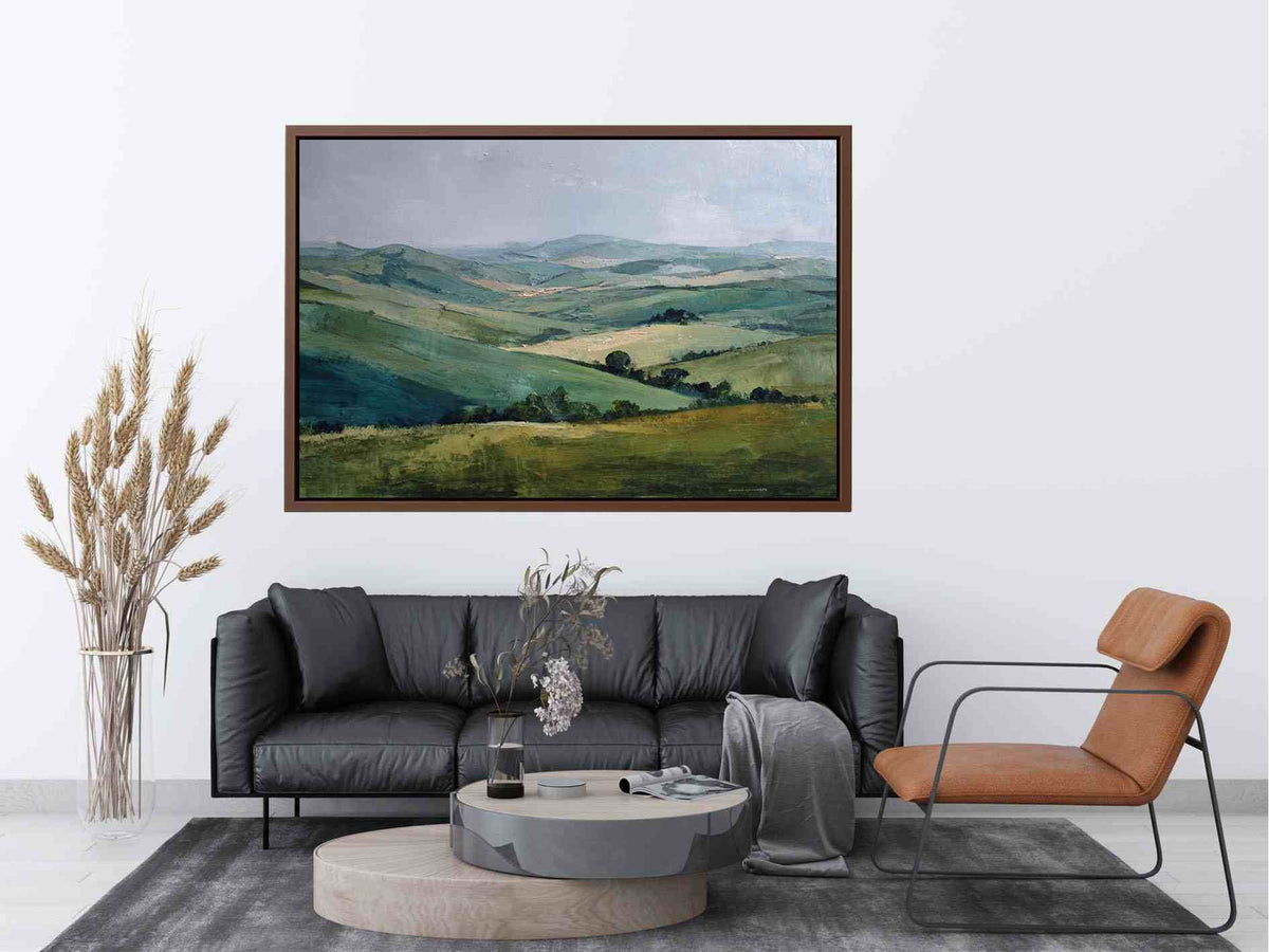 Green countryside landscape canvas art for farmhouse living room decor.