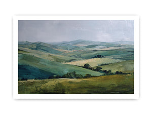 Green countryside landscape canvas art for farmhouse living room decor.