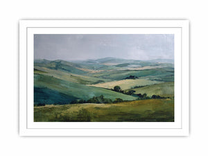 Green countryside landscape canvas art for farmhouse living room decor.