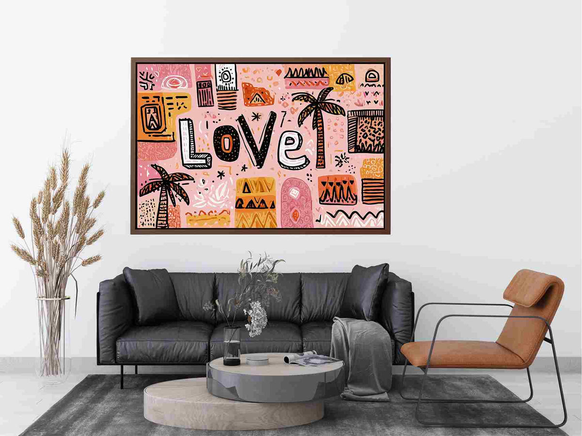 Playful love typography wall art with tropical palms for colourful bedroom decor.