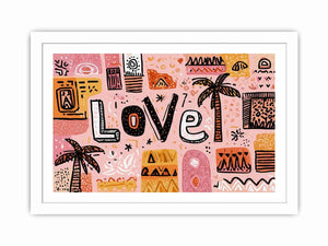 Playful love typography wall art with tropical palms for colourful bedroom decor.