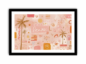 Soft tropical love wall art with palms and flowers for blush bedroom decor.