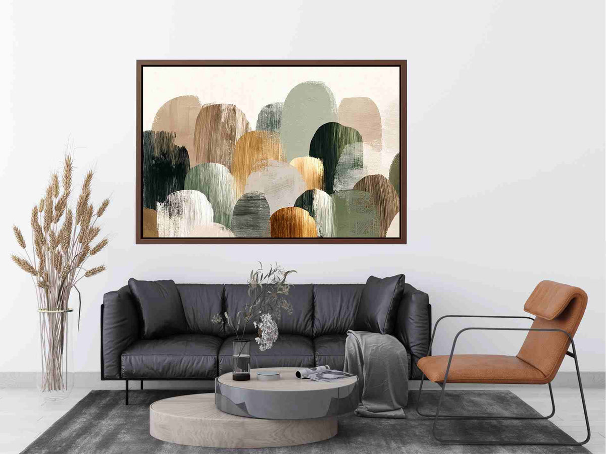 Sage green abstract forms canvas art for calm modern living room decor.