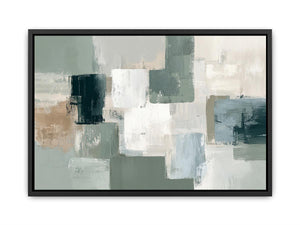 Neutral sage abstract canvas art with soft blocks for modern living room decor.
