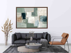 Neutral sage abstract canvas art with soft blocks for modern living room decor.