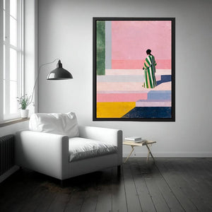 Stylish woman in striped robe canvas art for colourful modern hallway decor.