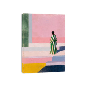 Stylish woman in striped robe canvas art for colourful modern hallway decor.