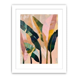 Abstract tropical leaf canvas art in blush and green for modern bedroom decor.