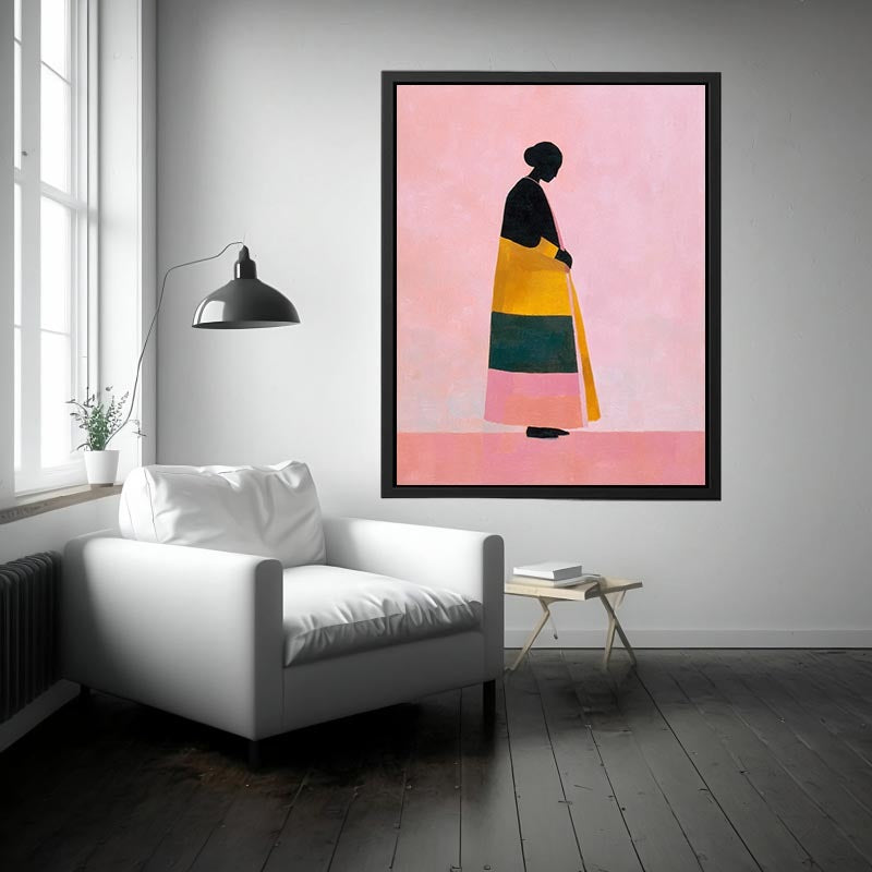Minimal woman silhouette canvas art with bold colours for modern bedroom decor.