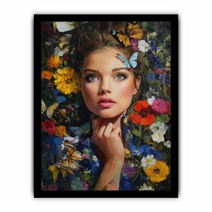 Floral woman portrait canvas art with butterflies for elegant bedroom decor.