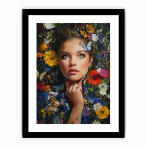 Floral woman portrait canvas art with butterflies for elegant bedroom decor.