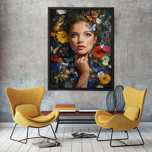 Floral woman portrait canvas art with butterflies for elegant bedroom decor.