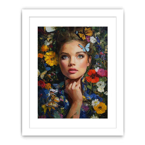 Floral woman portrait canvas art with butterflies for elegant bedroom decor.