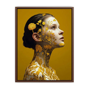 Golden botanical woman portrait canvas art for luxury bedroom decor.