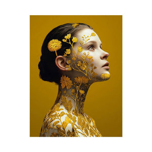 Golden botanical woman portrait canvas art for luxury bedroom decor.