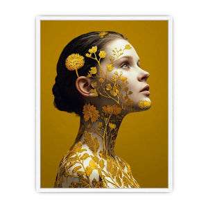 Golden botanical woman portrait canvas art for luxury bedroom decor.
