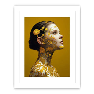 Golden botanical woman portrait canvas art for luxury bedroom decor.