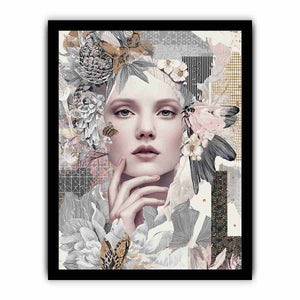 Soft botanical woman portrait canvas art with butterflies for elegant bedroom decor.