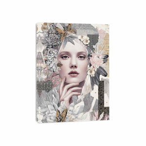 Soft botanical woman portrait canvas art with butterflies for elegant bedroom decor.