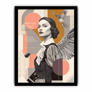 Art deco woman portrait canvas art with bird and wing for stylish hallway decor.