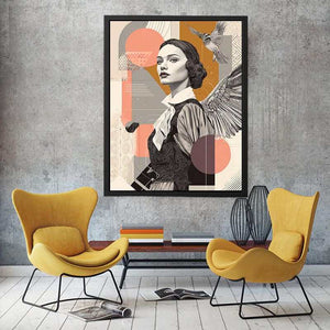 Art deco woman portrait canvas art with bird and wing for stylish hallway decor.