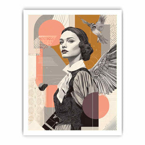 Art deco woman portrait canvas art with bird and wing for stylish hallway decor.
