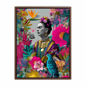 Vibrant tropical woman portrait canvas art with birds and flowers for living room decor.
