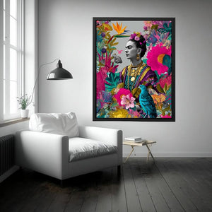 Vibrant tropical woman portrait canvas art with birds and flowers for living room decor.