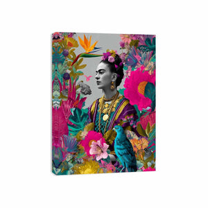 Vibrant tropical woman portrait canvas art with birds and flowers for living room decor.