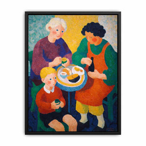 Colourful family breakfast canvas art with table and cups for cosy kitchen decor.