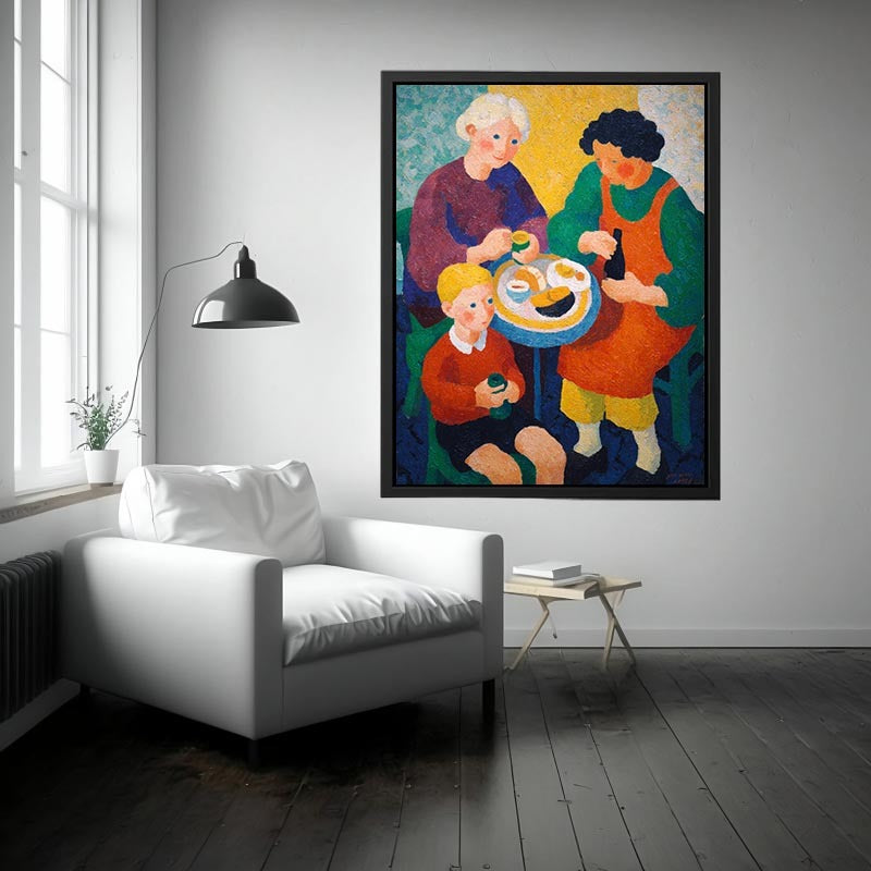 Colourful family breakfast canvas art with table and cups for cosy kitchen decor.