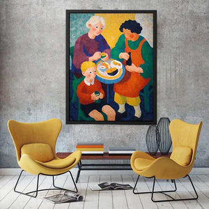 Colourful family breakfast canvas art with table and cups for cosy kitchen decor.