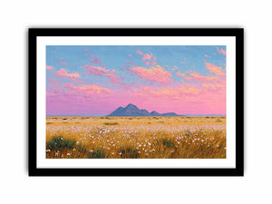 Golden wildflower desert landscape canvas art with pink sky for modern living room decor.