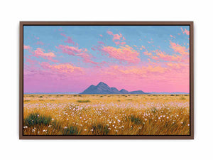Golden wildflower desert landscape canvas art with pink sky for modern living room decor.