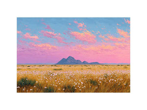 Golden wildflower desert landscape canvas art with pink sky for modern living room decor.
