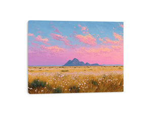 Golden wildflower desert landscape canvas art with pink sky for modern living room decor.
