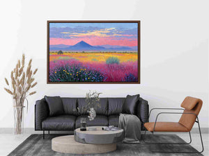 Colourful wildflower mountain canvas art for bright modern living room decor.