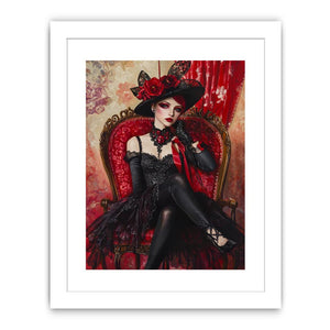 Dramatic gothic woman portrait canvas art with red chair for luxury bedroom decor.