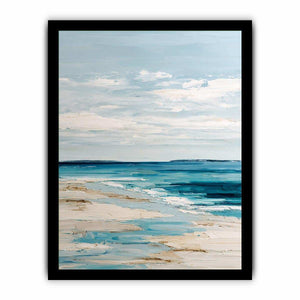 Minimal coastal canvas art with blue ocean and sandy beach tones for serene bedroom decor.