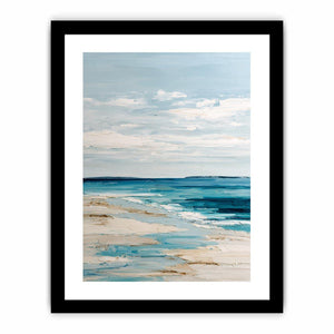 Minimal coastal canvas art with blue ocean and sandy beach tones for serene bedroom decor.