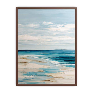Minimal coastal canvas art with blue ocean and sandy beach tones for serene bedroom decor.