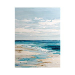 Minimal coastal canvas art with blue ocean and sandy beach tones for serene bedroom decor.