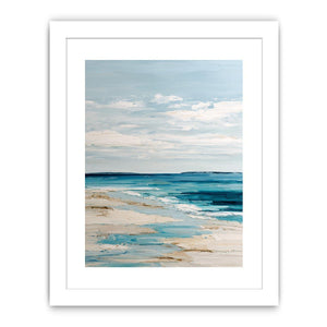 Minimal coastal canvas art with blue ocean and sandy beach tones for serene bedroom decor.