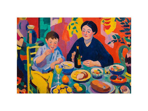 Colourful family dining canvas art for eclectic kitchen and dining room decor.