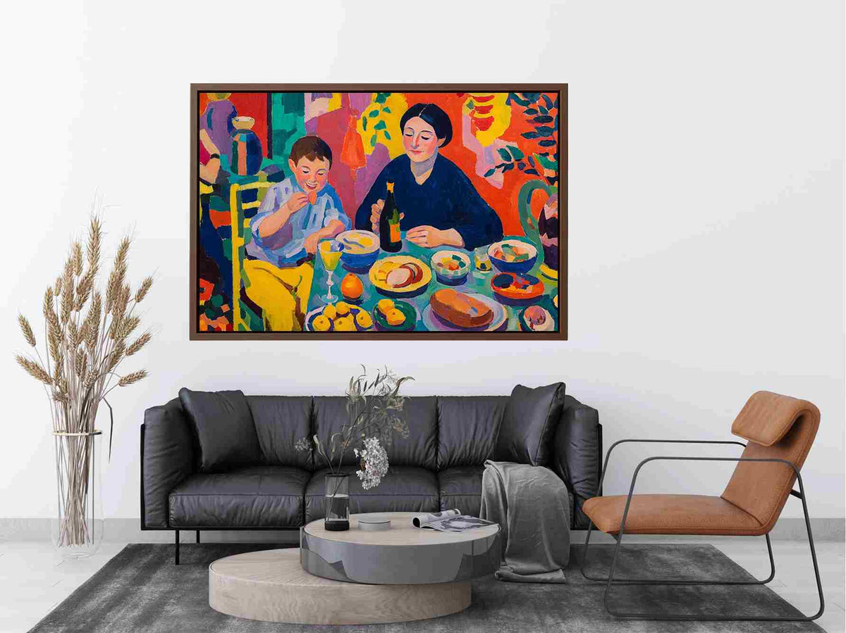 Colourful family dining canvas art for eclectic kitchen and dining room decor.