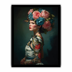 Luxury floral woman portrait canvas art with butterflies for elegant bedroom decor.